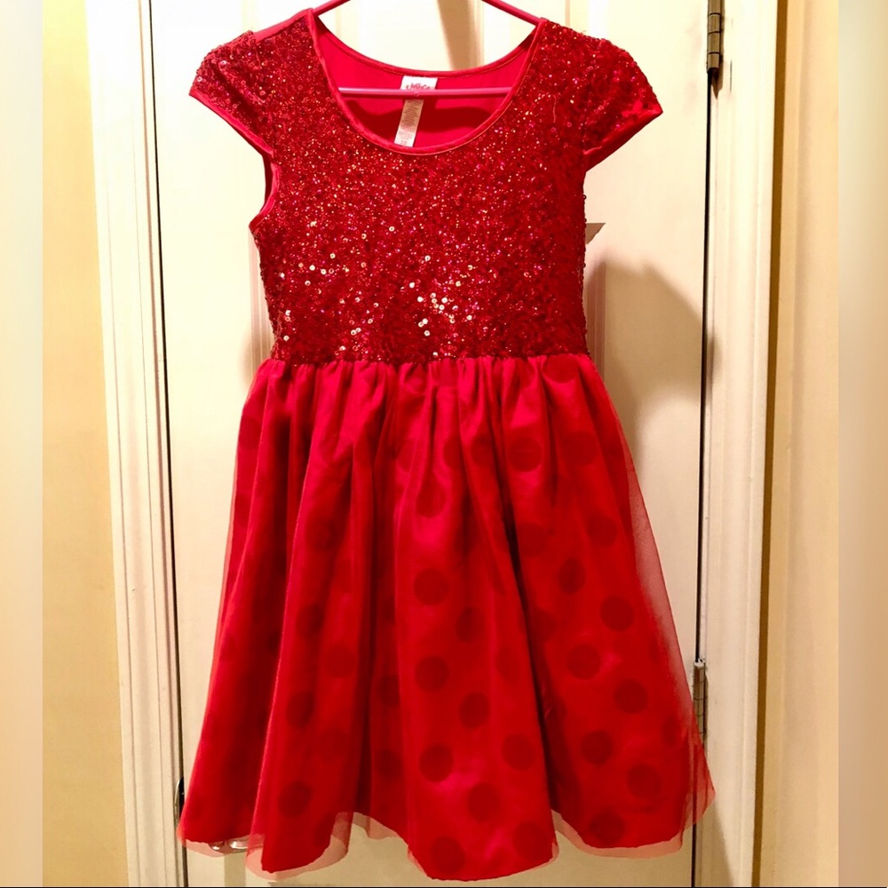 Girls size 12 red sequin dot dress w tulle overlay